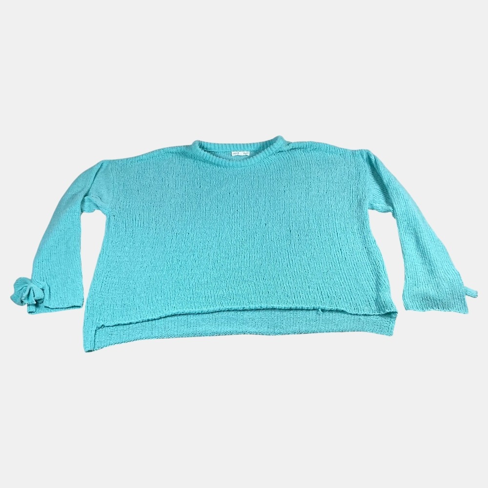 Coco +‎ Jaimeson Aqua Blue Chenille Knit Sweater XL Crewneck Pullover Tie Sleeve